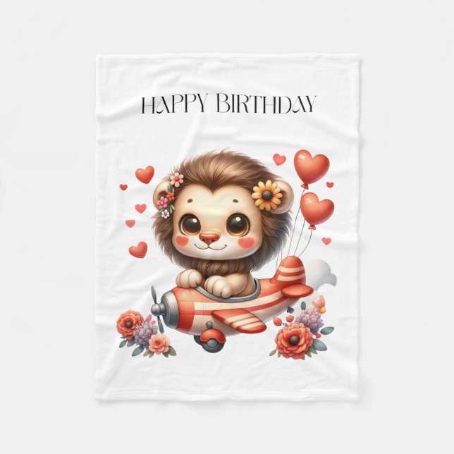 Lion Pilot Birthday Fleece Blanket (Front)