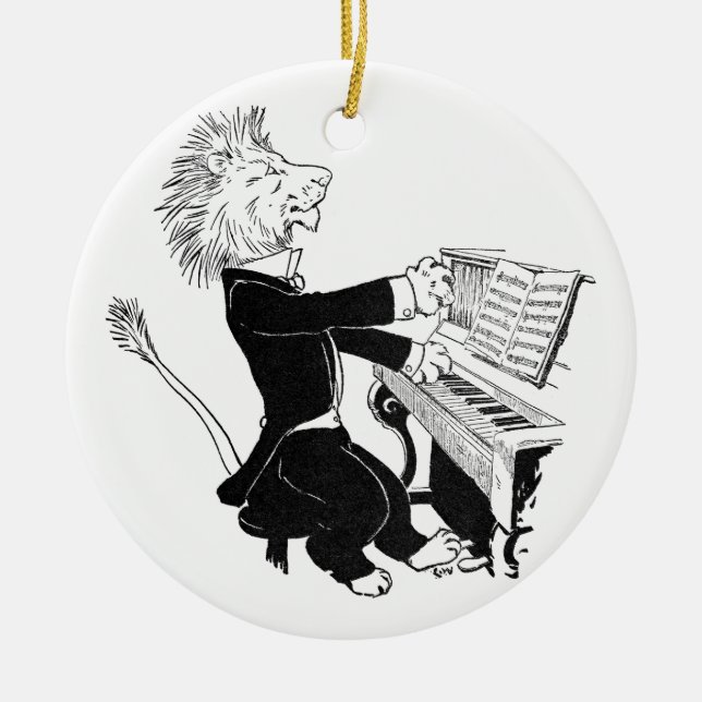 Lion Playing Piano Antique Louis Wain Drawing Ceramic Tree Decoration (Front)