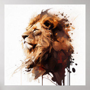 Lion Portrait Animal Painting Wildlife Mountain Poster