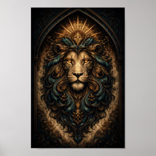 Lion Portrait with Golden Halo and Filigree Frame Poster