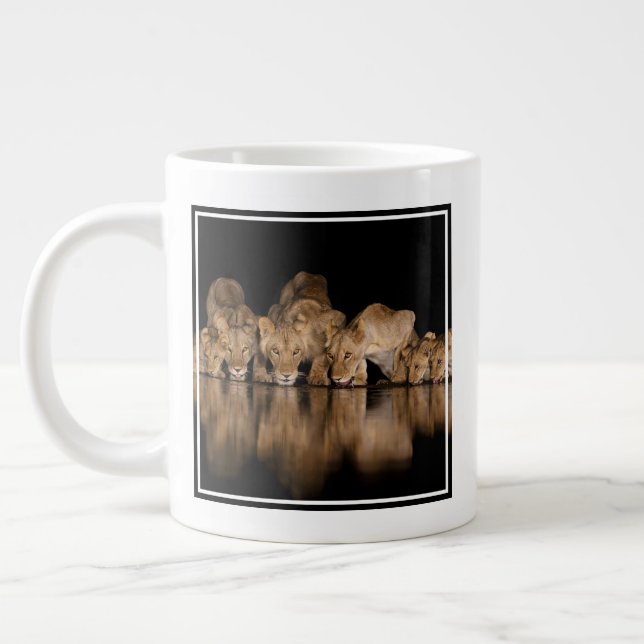 Lion Pride Drinks at the Water Hole at Night Large Coffee Mug (Left)