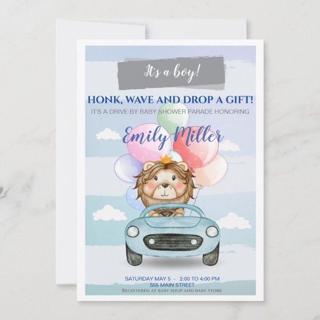 Lion prince drive by baby shower invitation boy (Front)