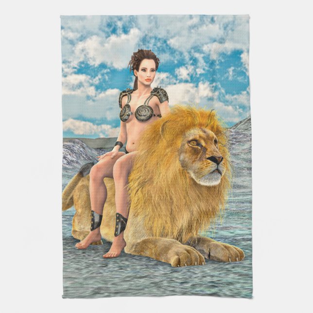 Lion Queen Fantasy Tea Towel (Vertical)