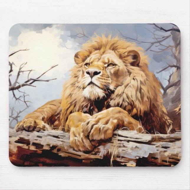 Lion Relaxing On Tree Trunk Animal Fun Happy Cool  Mouse Pad (Front)