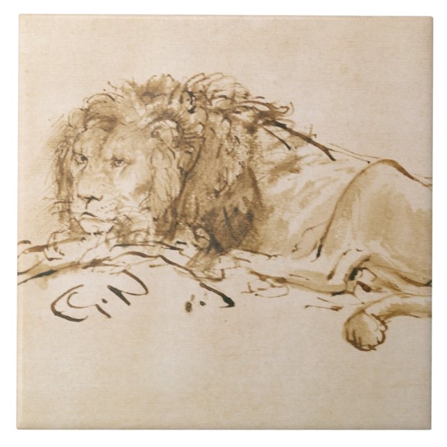 Lion Resting (pen and ink on paper) Tile (Front)