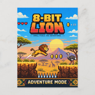 Lion, Retro 8-Bit Pixel Art Postcard