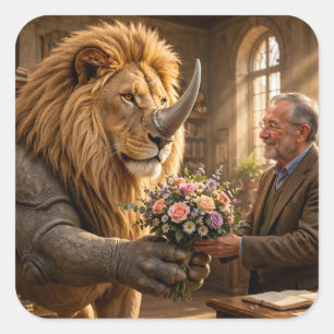 Lion Rhino Flower Gift – Whimsical Vintage Fantasy Square Sticker