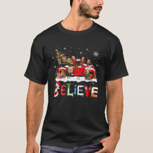 Lion Riding Red Truck Christmas Tree Believe Santa T-Shirt