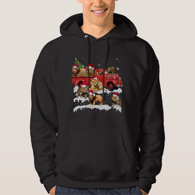 Lion Riding Red Truck Merry Christmas X-mas Ugly G Hoodie (Front)