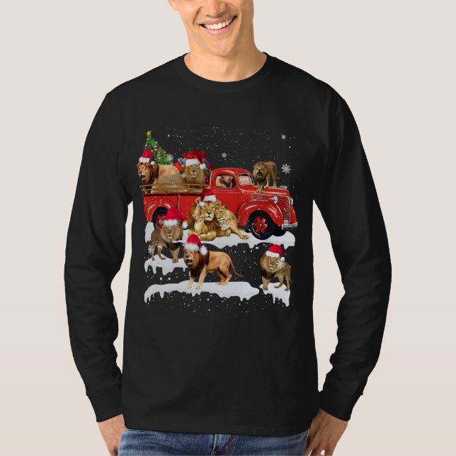 Lion Riding Red Truck Merry Christmas X-mas Ugly G T-Shirt (Front)