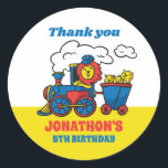Lion Riding Train Kids Birthday Party Favour Classic Round Sticker<br><div class="desc">Cute party favours for kids,  boys or girls who train and railway. Perfect for kids birthday party,  party favours and thank you label. You can also customise the text for baby shower or other occasion and party.</div>