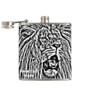 lion roaring big cat wildlife black and white art hip flask