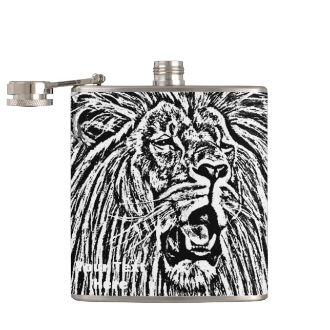lion roaring big cat wildlife black and white art hip flask (Opened)