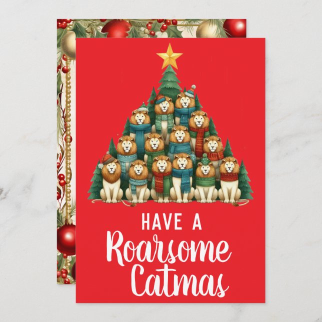 Lion Roarsome Catmas Christmas Tree Holiday Card (Front/Back)