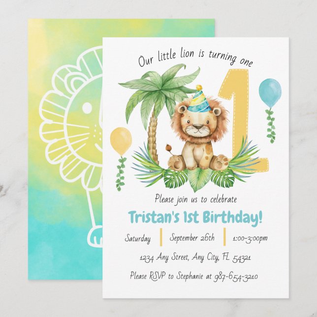 Lion Safari 1st Birthday Invitation (Front/Back)
