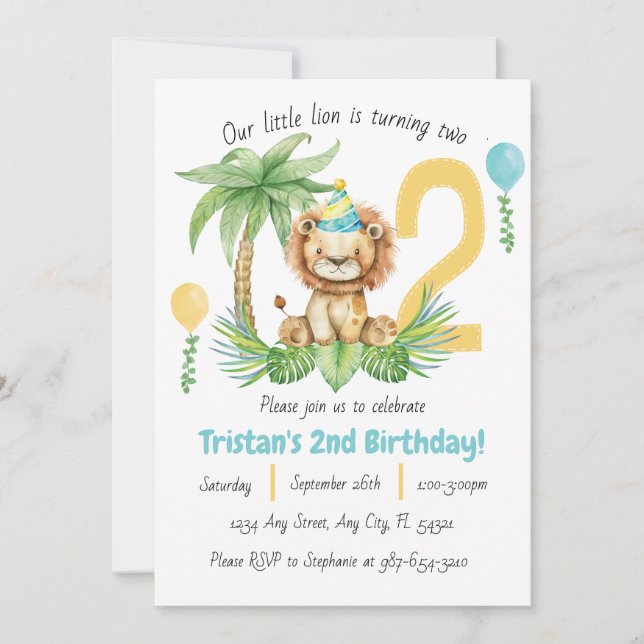 Lion Safari 2nd Birthday Invitation (Front)