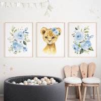 Lion, Safari, Jungle, Blue Flowers, Boy Nursery