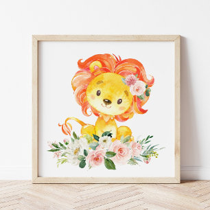 Lion, Safari, Jungle, Pink Flowers, Girl Nursery Photo Print