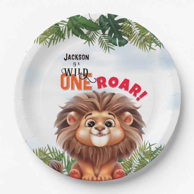 Lion Safari Wild One Kids Birthday Paper Plate (Front)