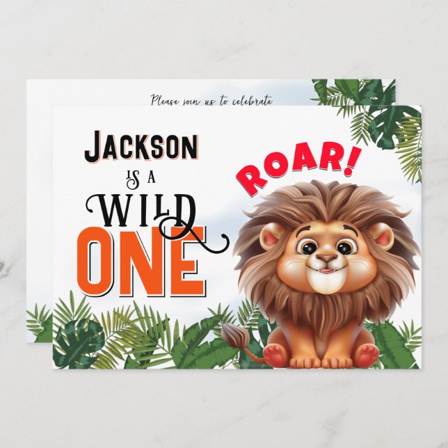 Lion Safari Wild One Kids Birthday Party Invitation (Front/Back)