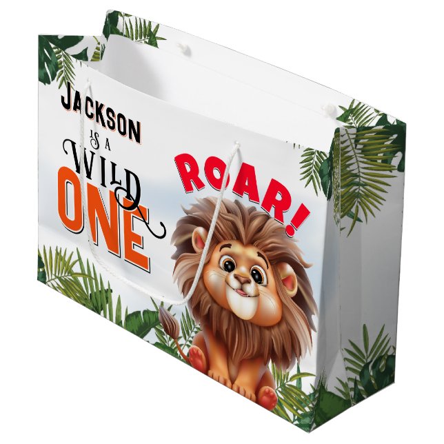 Lion Safari Wild One Kids Birthday Party Large Gift Bag (Front Angled)