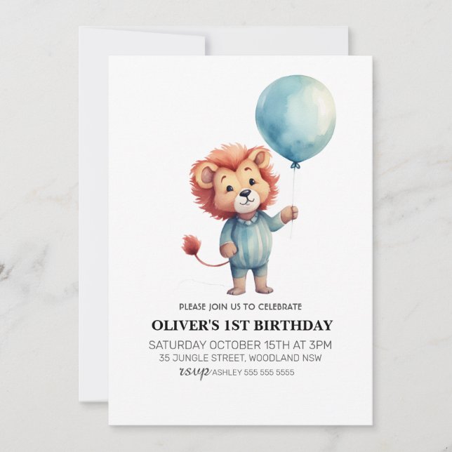 Lion Sage Blue Balloon Boys 1st Birthday Party Invitation (Front)