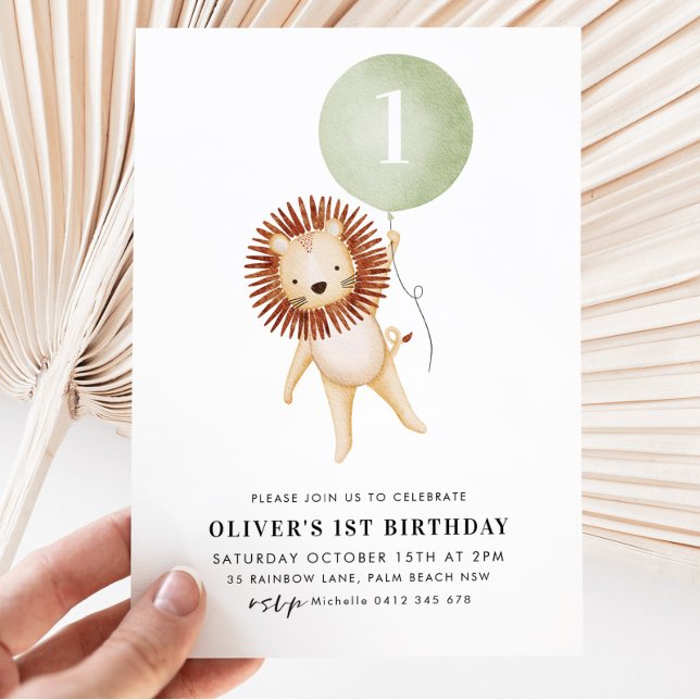 Lion Sage Green Balloon Boys 1st Birthday Party  Invitation (Creator Uploaded)