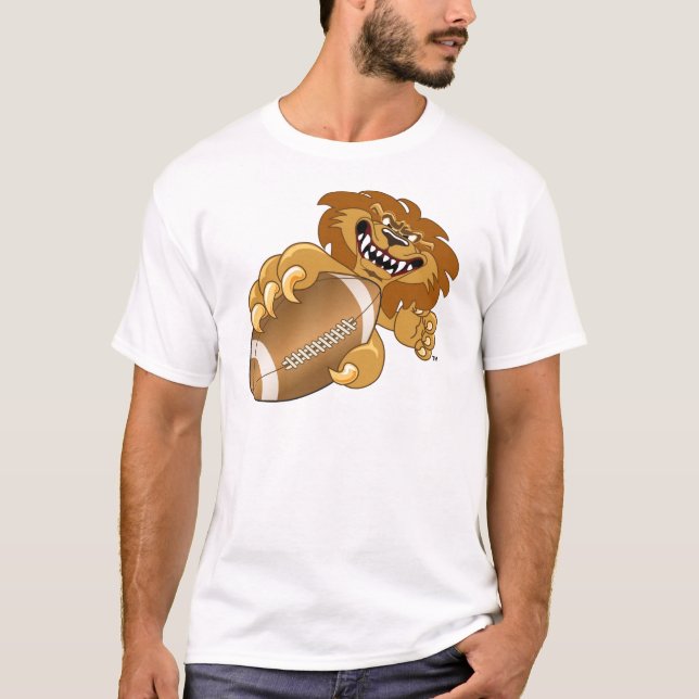 Lion School Mascot Playing Football T-Shirt (Front)