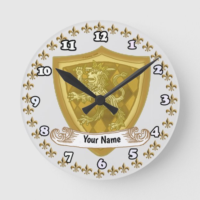 Lion Shield Family Crest Surname   Round Clock (Front)