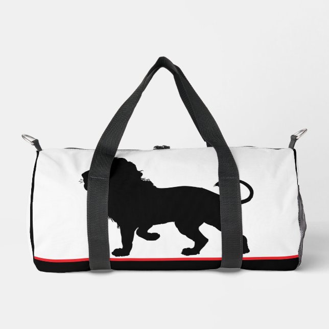 Lion Silhouette Black Red Trim Duffle Bag (Front)