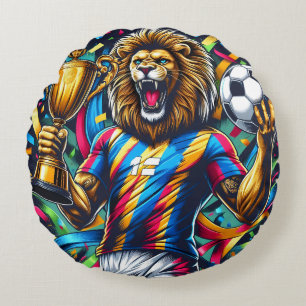 Lion Soccer Champion Trophy Football Victory Round Cushion
