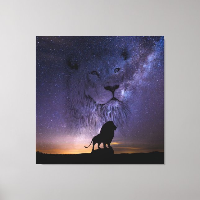 Lion Spirit & Silhouette in night Sky Canvas Print (Front)