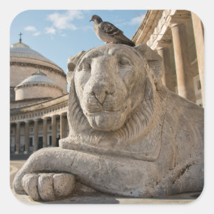 Lion statue in front of historic church square sticker