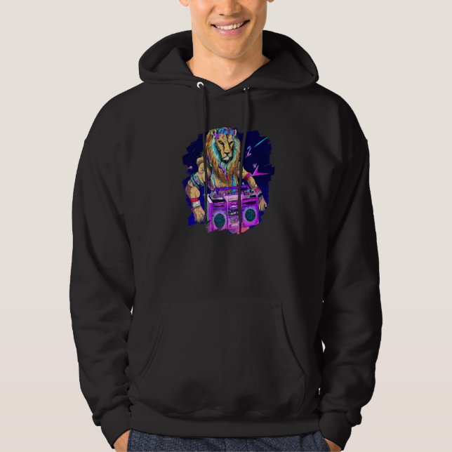 Lion Stereo Techno Cool Lion DJ Music Retro Hoodie (Front)
