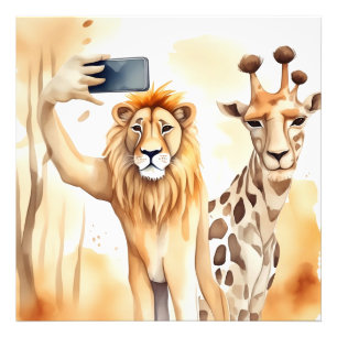 Lion taking selfie with giraffe photo print
