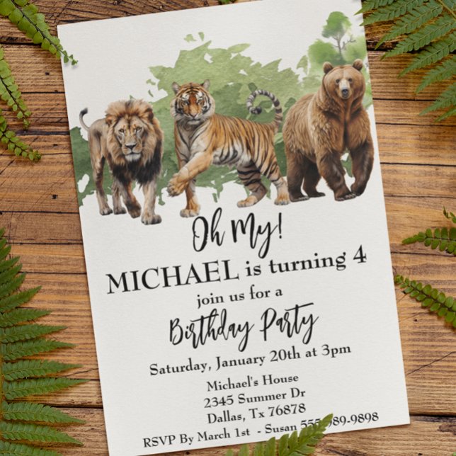 Lion Tiger Bear Oh My Jungle Theme Watercolor Invitation (Creator Uploaded)