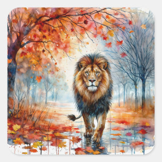Lion Walking In Autumn Watercolor Square Sticker