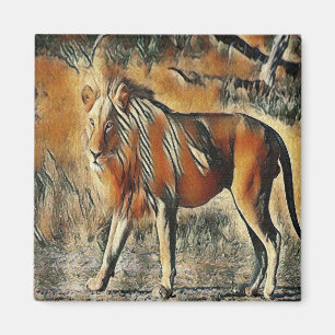 Lion walking in the bushes magnet