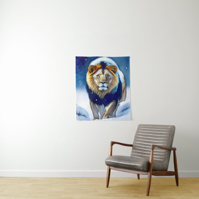 Lion Walking in Winter Snow Tapestry (In Situ)