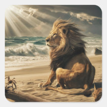 Lion watching waves on beach
