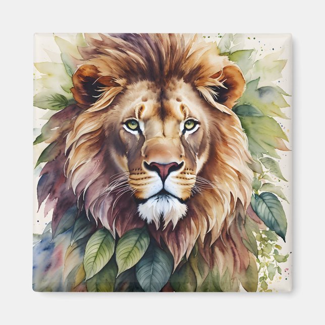Lion Watercolor Botanical Artwork Magnet (Front)