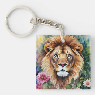 Lion Watercolor Floral Art Key Ring
