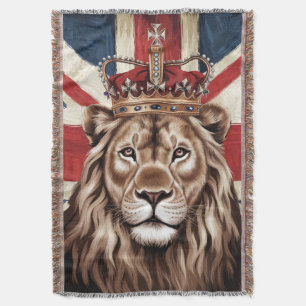 Lion Wearing a Crown British Flag Throw Blanket