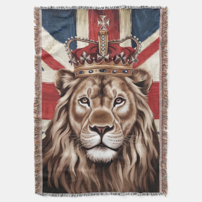 Lion Wearing a Crown British Flag Throw Blanket (Front Vertical)