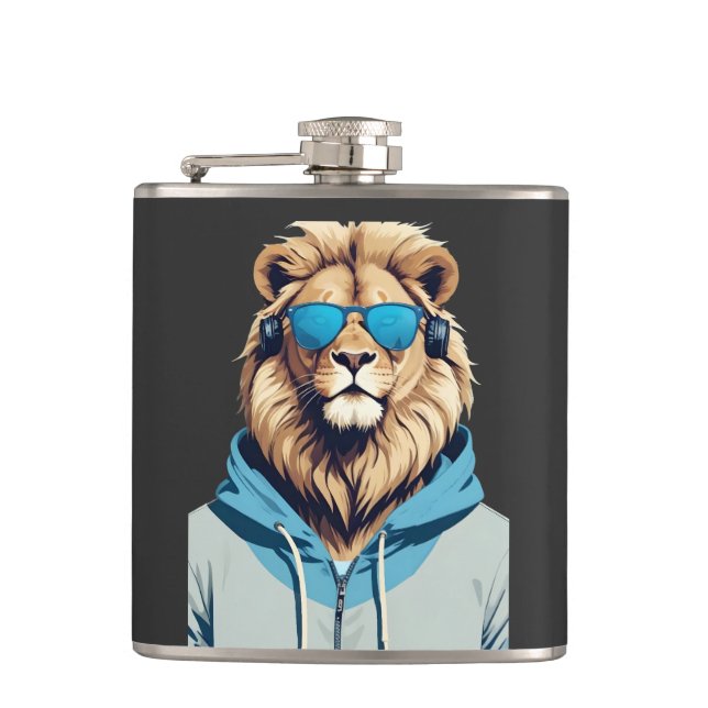 Lion Wearing Hoodie Funny Cool Animal Character  Hip Flask (Front)