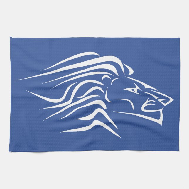 Lion - White - Blue Tea Towel (Horizontal)