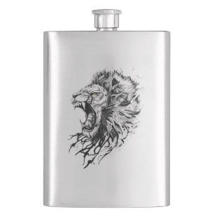 Lion Wild Animal Nature Illustration Art Tattoo Hip Flask