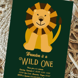 Lion Wild One First Birthday Gold and Green Invitation