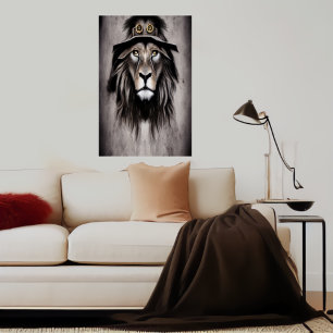 Lion with a cool hat   AI Art Poster