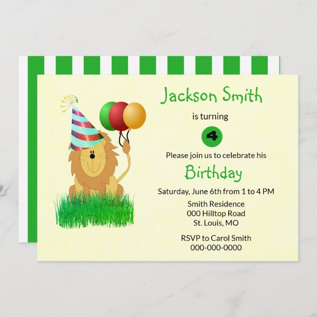 Lion with Birthday Balloons Party Invitation (Front/Back)